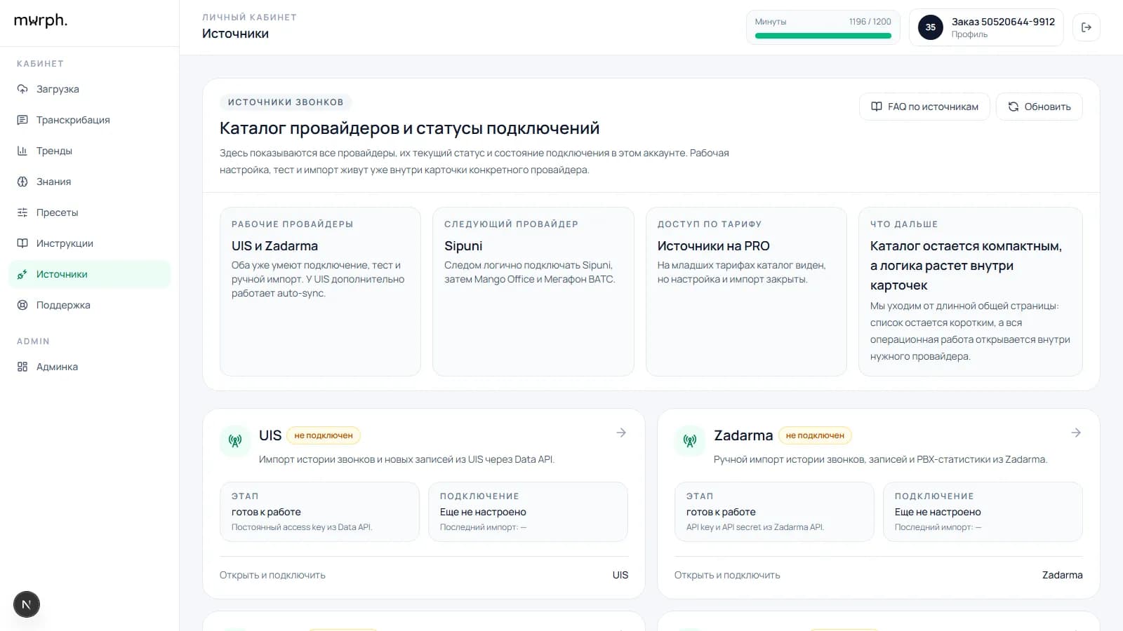 Экран кабинета с подключенными каналами.
